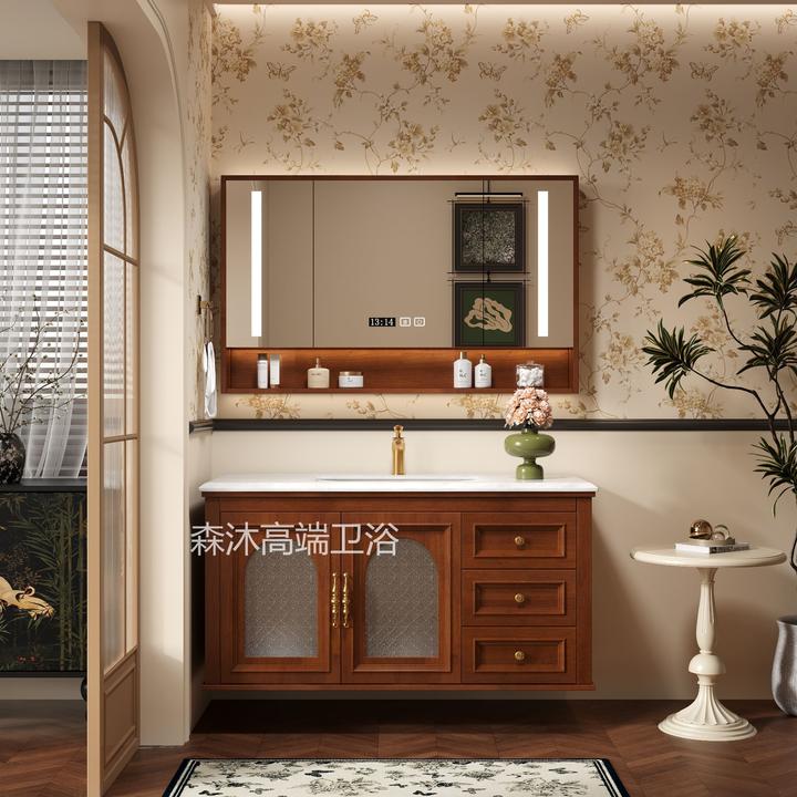 新中古风实木烤漆浴室柜组合岩板台盆卫生间洗漱台洗脸盆卫浴柜