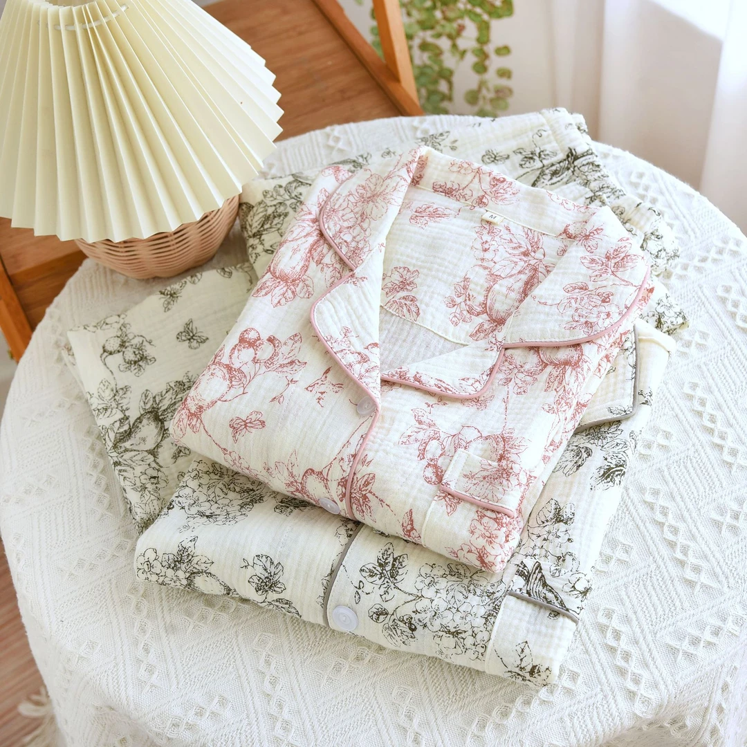 100M情侣款绉纱棉家居服纯棉双层棉纱睡衣小红书爆款婴儿棉纱睡衣