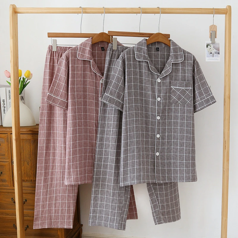 100M色织大格男短袖长裤家居服纯棉男睡衣新中式爸爸装可外穿睡衣