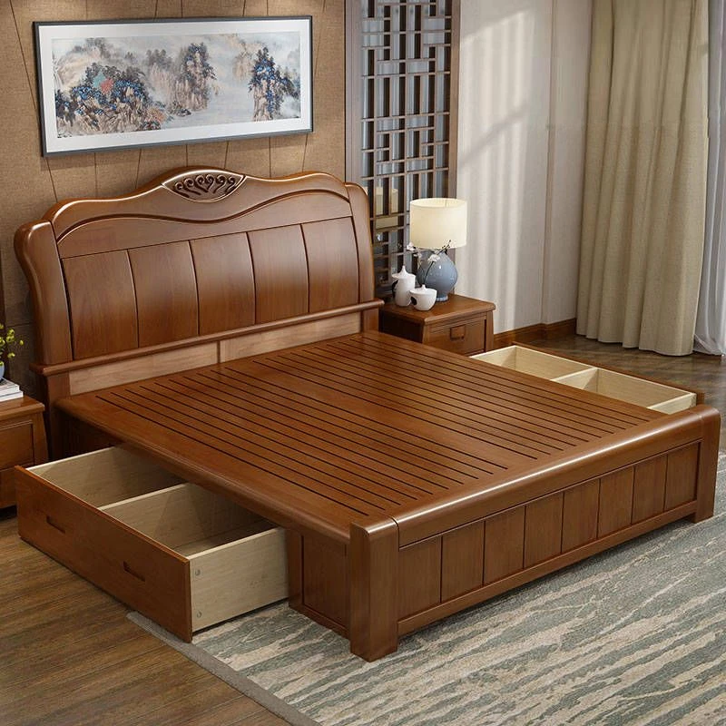现代中式实木床1.8米双人大床主卧1.5米框架气压床抽屉高箱储物床