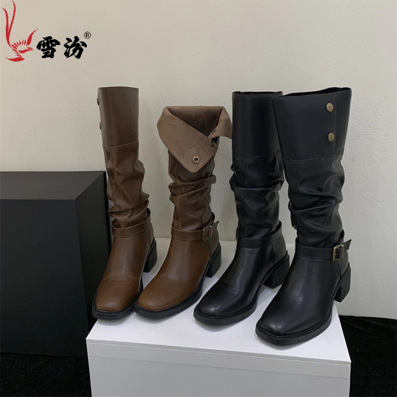 靴子爆款过膝长靴中筒秋冬靴女长筒季皮带扣铆钉堆堆高筒时装靴