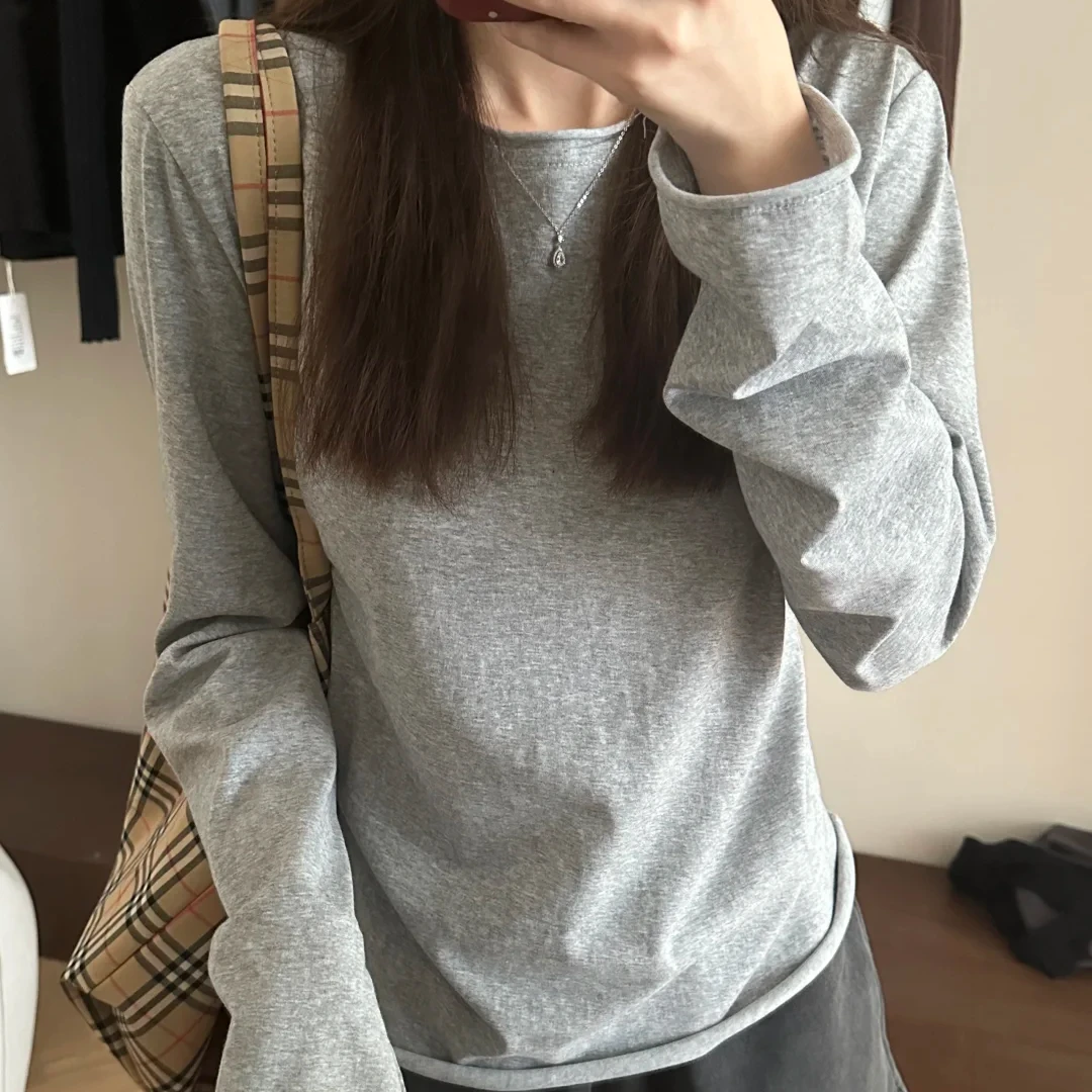 灰色打底韩系圆领设计正肩秋冬新款卷边长袖修身基础显瘦上衣ins