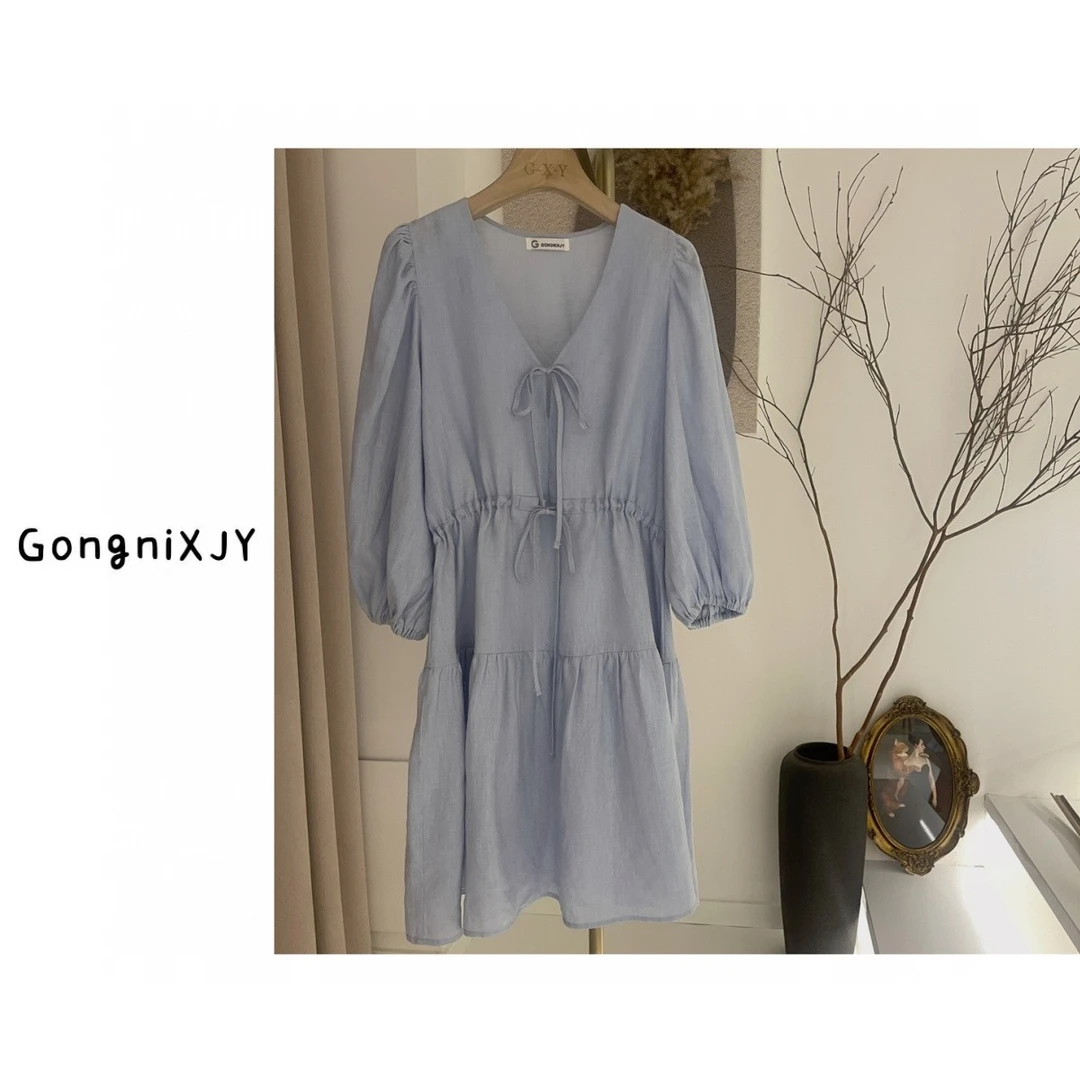 【LINA·GXY】海盐蓝麻料设计款夏季休闲连衣裙气质系带设计师女装