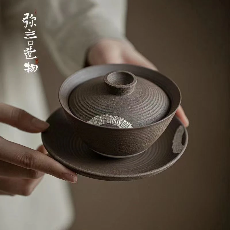 慢茶弥言禅意风老岩泥鎏银三才盖碗柴窑高端粗陶大容量泡茶碗茶具