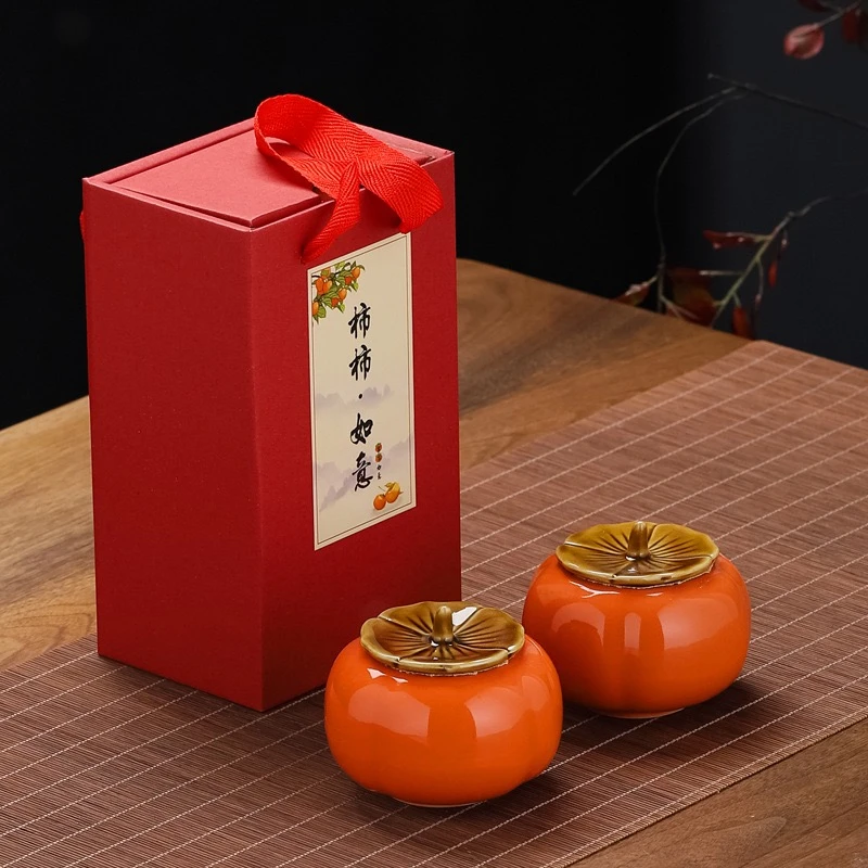 慢茶小院大号柿柿如意茶叶罐年货陶瓷摆件柿子密封防潮茶叶罐手工