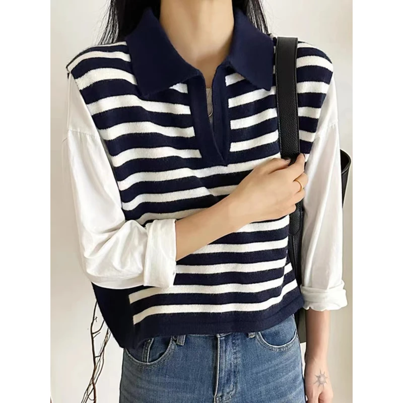 设计感小众针织背心马甲女秋装条纹爆款无袖毛衣坎肩