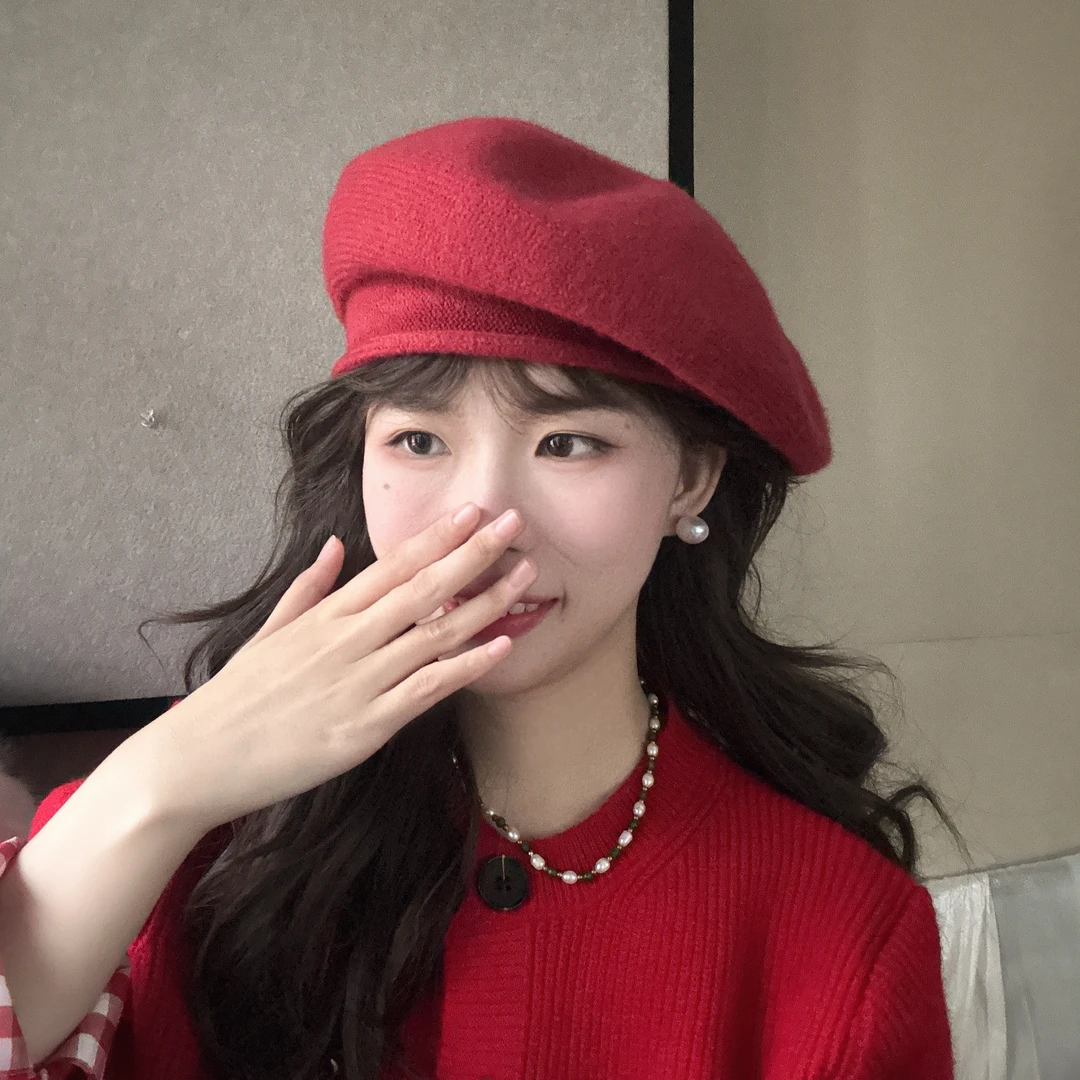 大头围红色卷边针织贝雷帽大脸显瘦画家帽子秋冬季