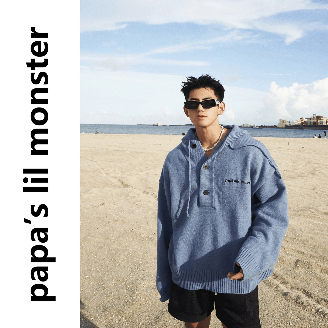 重磅秋冬针织连帽毛衣男美式简约刺绣宽松上衣慵懒百搭设计感套头