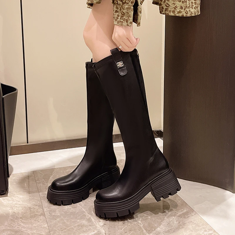 秀识【反季清仓】秋冬百搭厚底增高瘦瘦靴软皮薄绒修身显瘦时装靴女