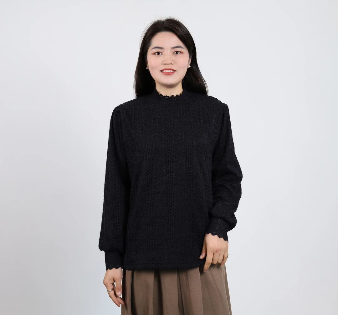 B款大码女装加绒蕾丝花边加厚打底衫丝绒高领宽松遮肚保暖