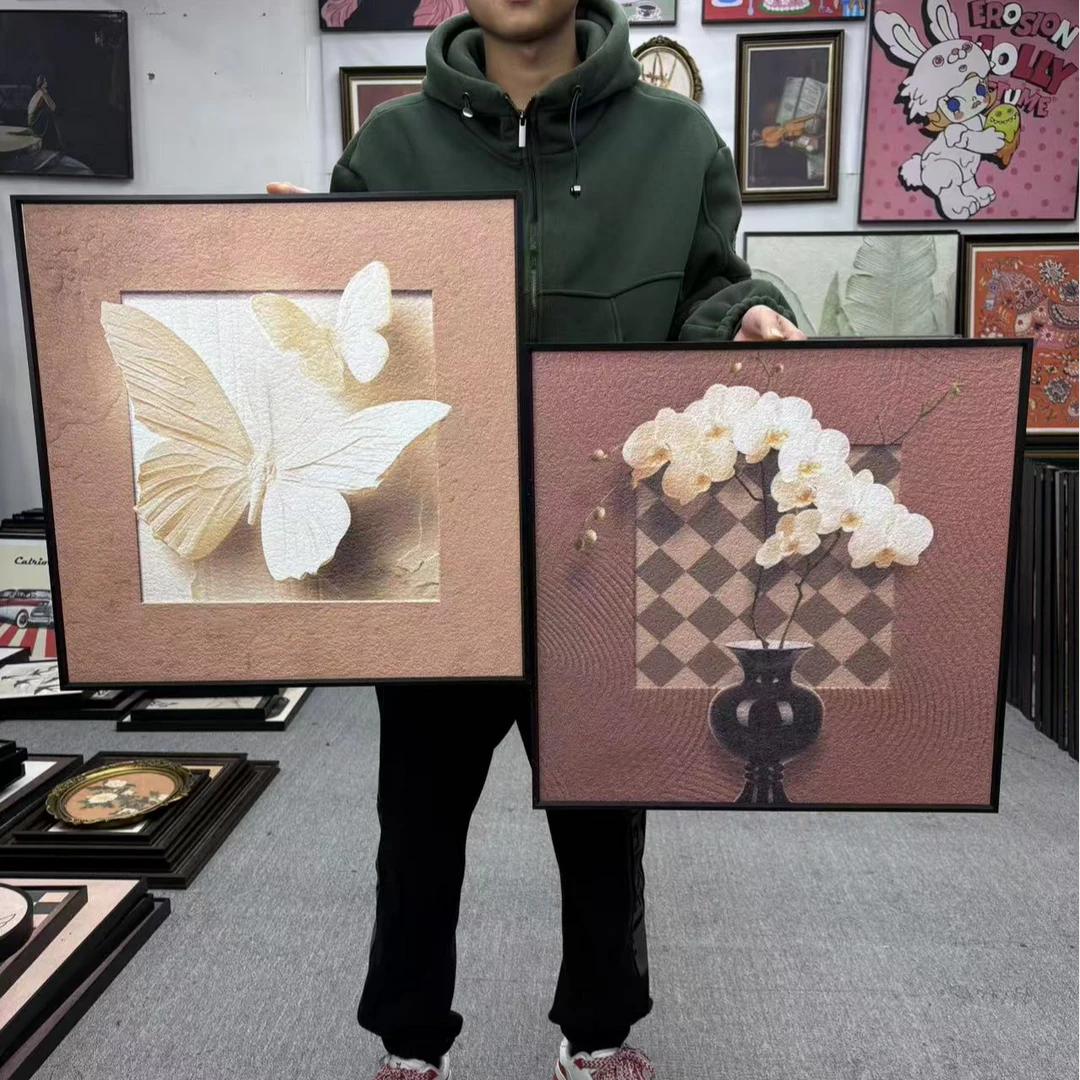 中古风客厅装饰画法式复古沙发背景墙挂画高级感几何方块蝴蝶5050