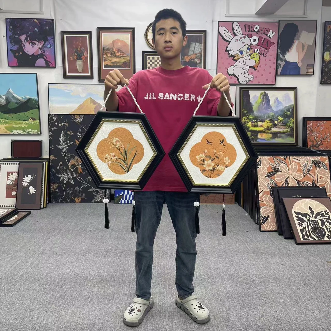 新中式国风挂画玄关复古宋代美学艺术装饰画法式客厅桌边六边形