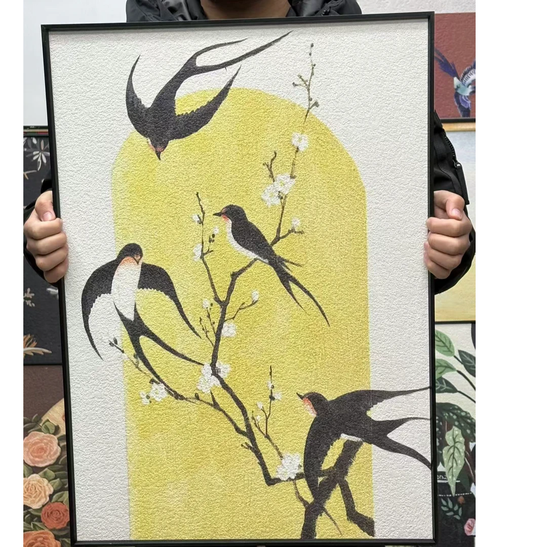 玄关花鸟图手绘油画客厅燕子归来肌理挂画新中式国风梅花5070