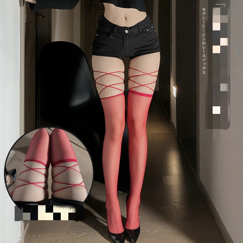 【私密发货】性感绑带手感丝滑薄款丝袜纹纯欲过膝长筒袜黑红辣妹