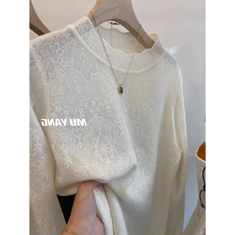 花边领套头内搭绵羊毛蕾丝衫女秋冬新款慵懒风提花打底衫上衣A276