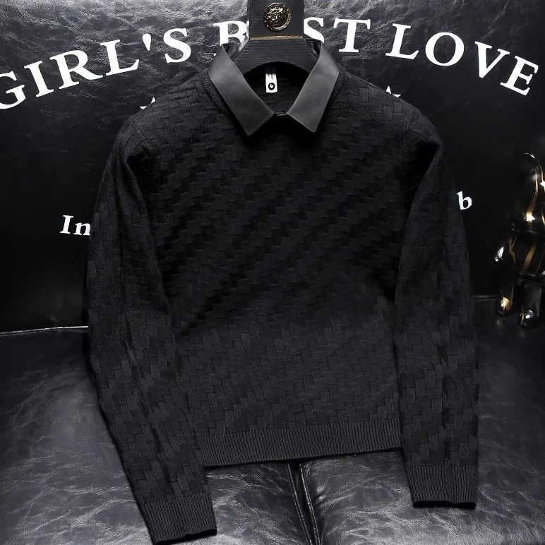 欧货高端设计感假两件毛衣男秋冬新款长袖轻奢毛衫简约格子打底衫