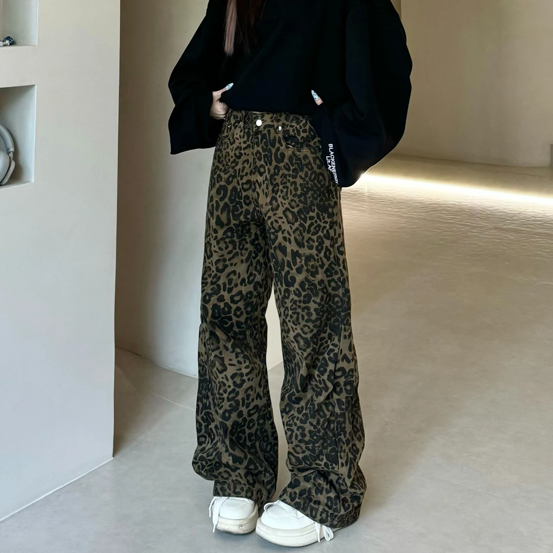 JADEQILIN美式复古小众豹纹牛仔裤男女宽松潮牌嘻哈街舞直筒潮裤