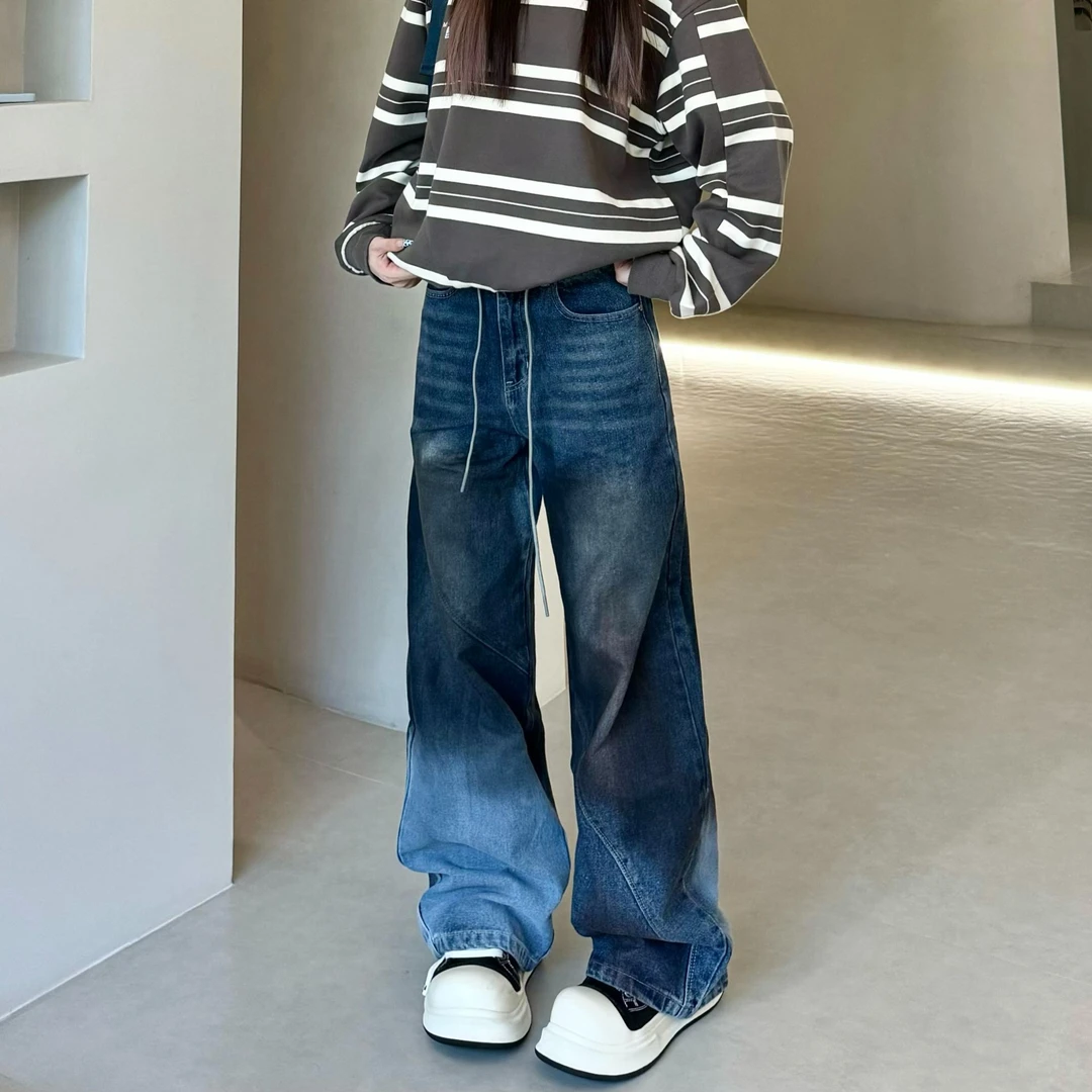 JADEQILIN原创涂鸦抹脏渐变牛仔裤男女秋冬宽松美式街头嘻哈地裤