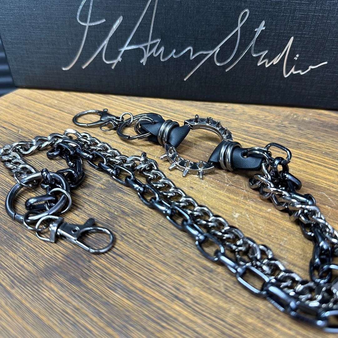 JADEQILIN双层尖刺枪黑嘻哈朋克潮裤链搭配牛仔工装裤工业风链条