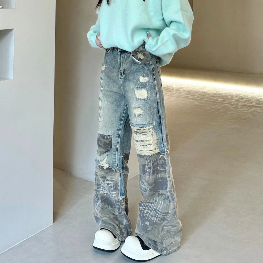 JADEQILIN高街美式拼接迷彩微喇牛仔裤潮牌设计高级感直筒vibe裤