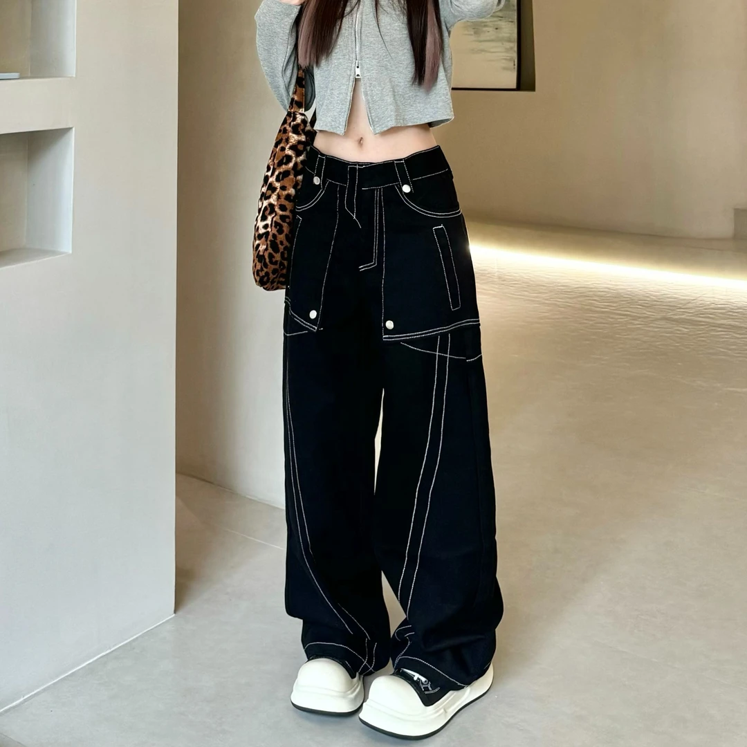 JADEQILIN个性明线设计直筒牛仔裤美式新款小众宽松情侣款阔腿裤