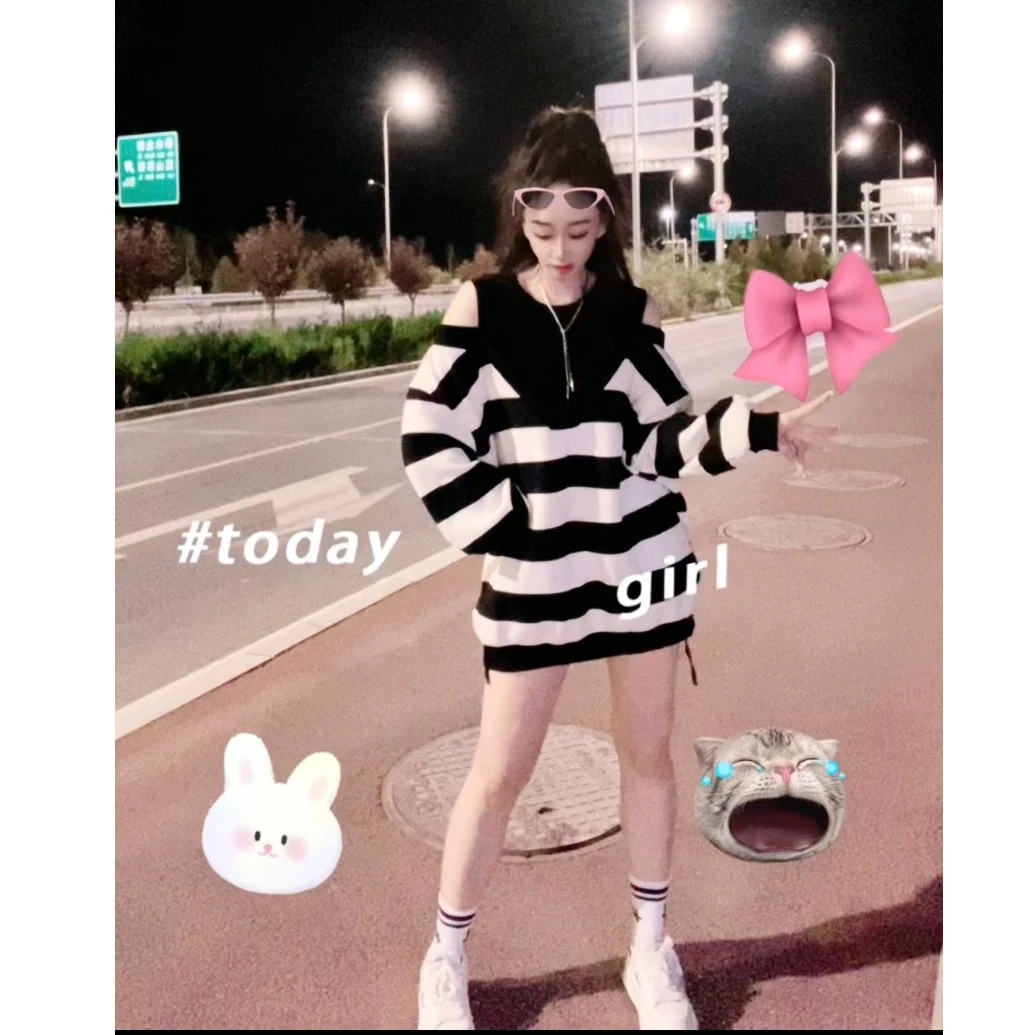 秋季新款复古条纹拼色卫衣女2023韩版时尚露肩假两件宽松减龄上衣