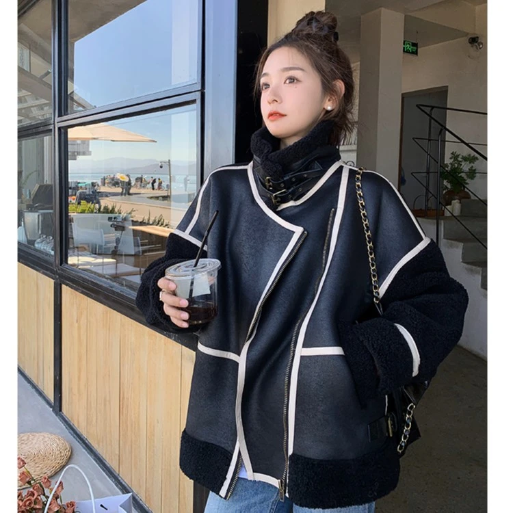 皮毛一体麂皮绒机车服短款宽松复古2023新款秋冬羊羔毛小香风外套