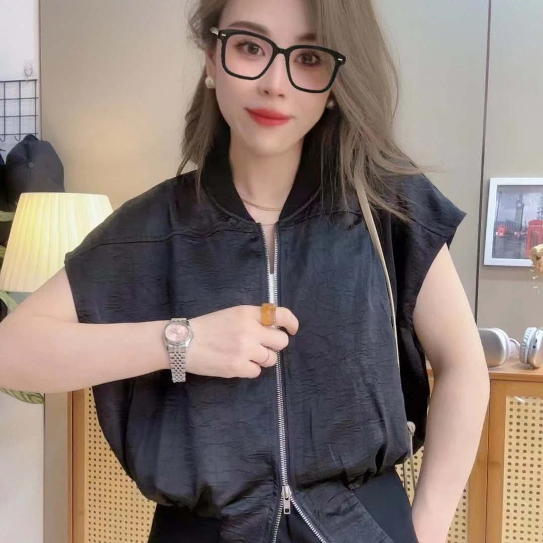 醋酸夏季新款韩版连肩袖纯色轻薄时尚宽松百搭显瘦拉链衬衫短袖