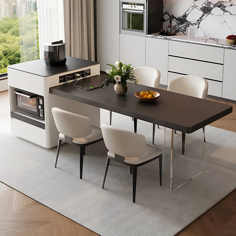 意式极简岩板岛台餐桌一体可伸缩家用黑色小户型储物多功能中岛台