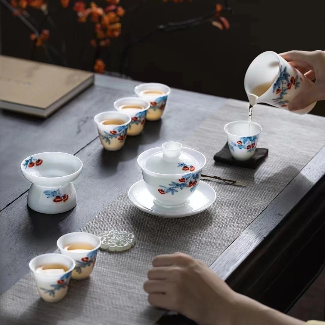 高档冰种玉瓷釉下彩手工手绘三才盖碗套装事事如意功夫茶具礼盒装