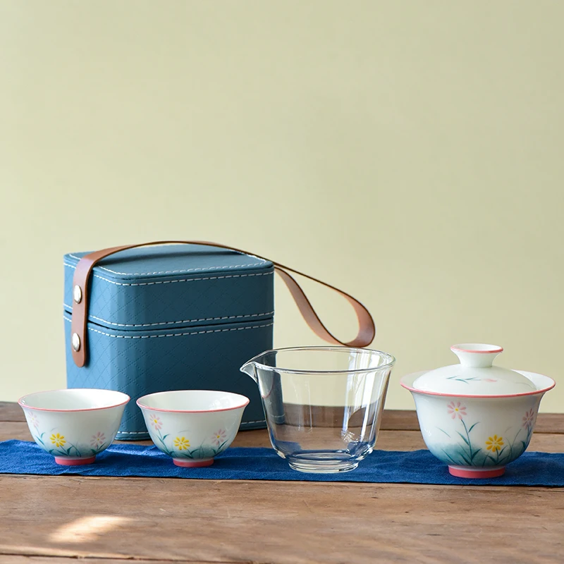 影青粉彩釉下彩手绘小雏菊盖碗旅行茶具户外茶具旅行包一壶两杯