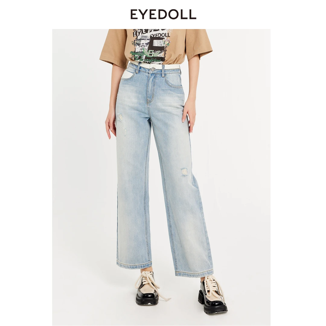【小呆鸟专属】EYEDOLL24春季新款宽松显瘦直筒长款牛仔裤