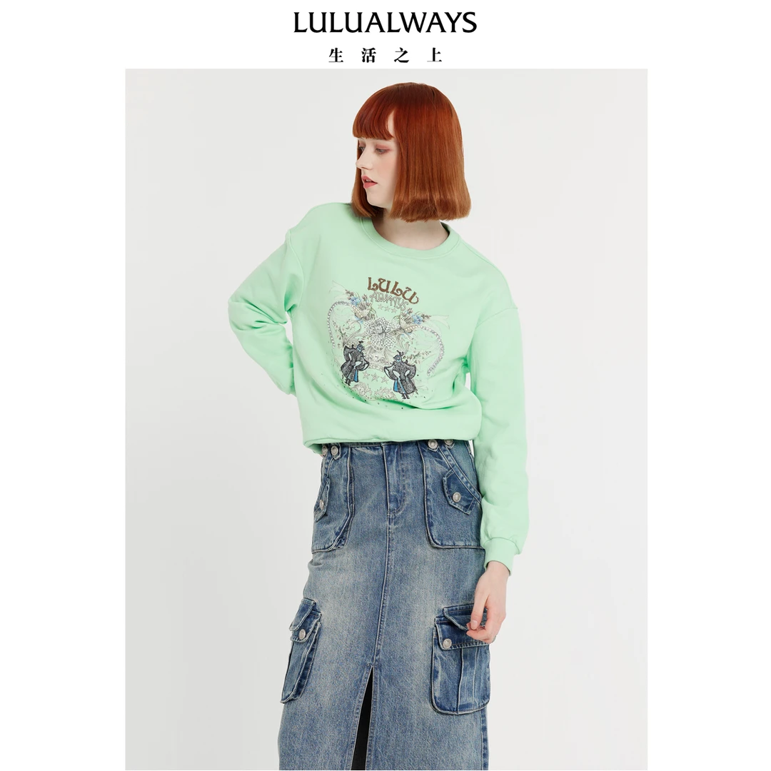 LULUALWAYS春季新款简约潮流时尚圆领短款印花卫衣