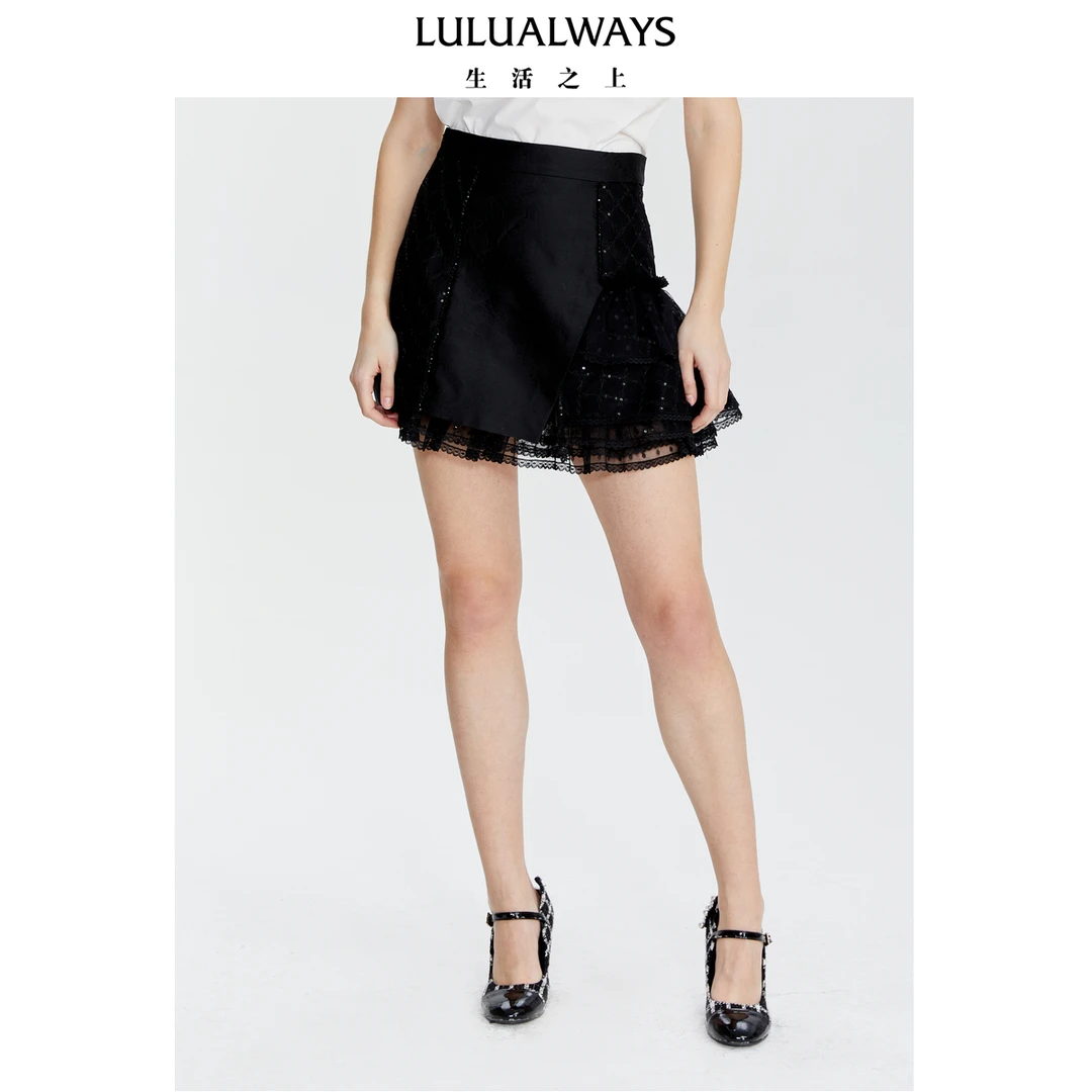 【高高甄选】LULUALWAYS夏甜美搭配黑色网纱短半裙LOB4003
