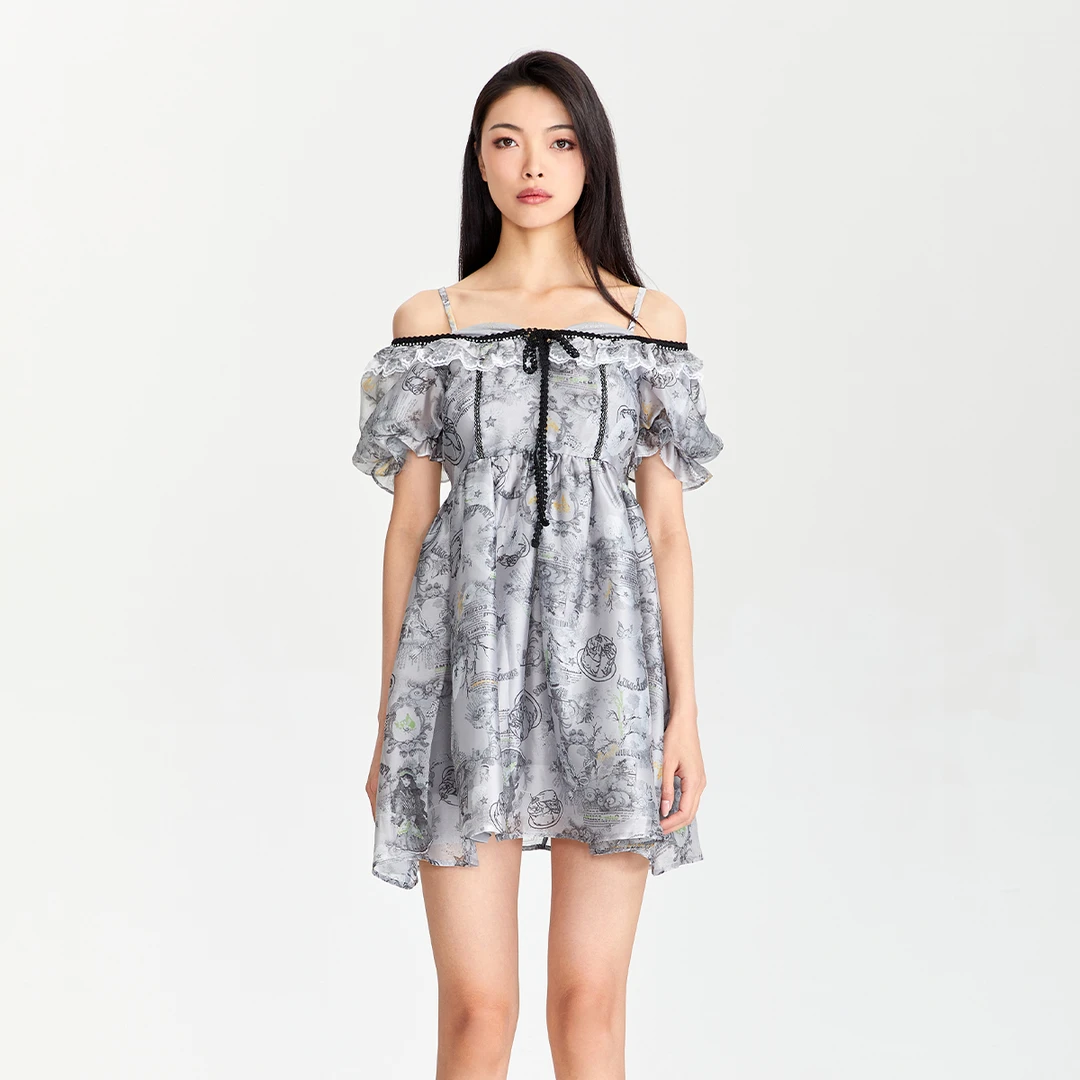 【小呆鸟专属】LULUALWAYS夏季蕾丝蝴蝶结泡泡袖连衣裙LOB508K