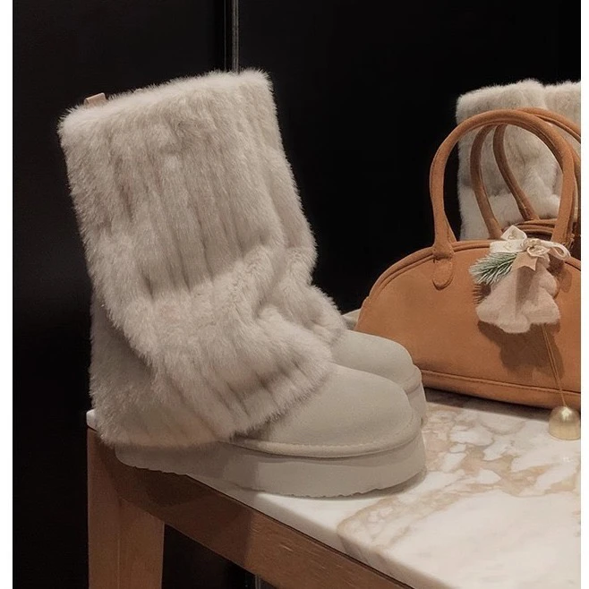 圆头毛毛保暖加绒加厚底雪地靴女2024冬季新款棉鞋