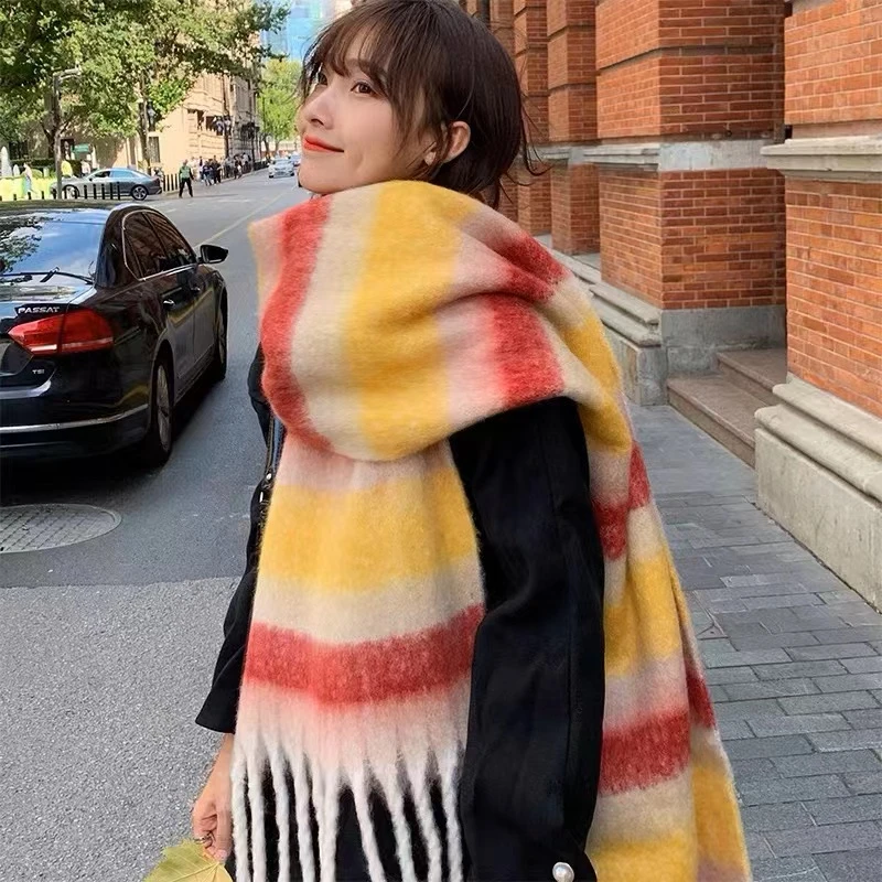 黄色条纹围巾女秋冬季拼色流苏韩版ins百搭学生冬天保暖防风围脖