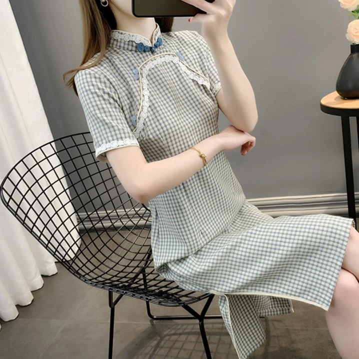 改良旗袍新款女气质夏装格子显瘦年轻款少女修身长款国风连衣裙