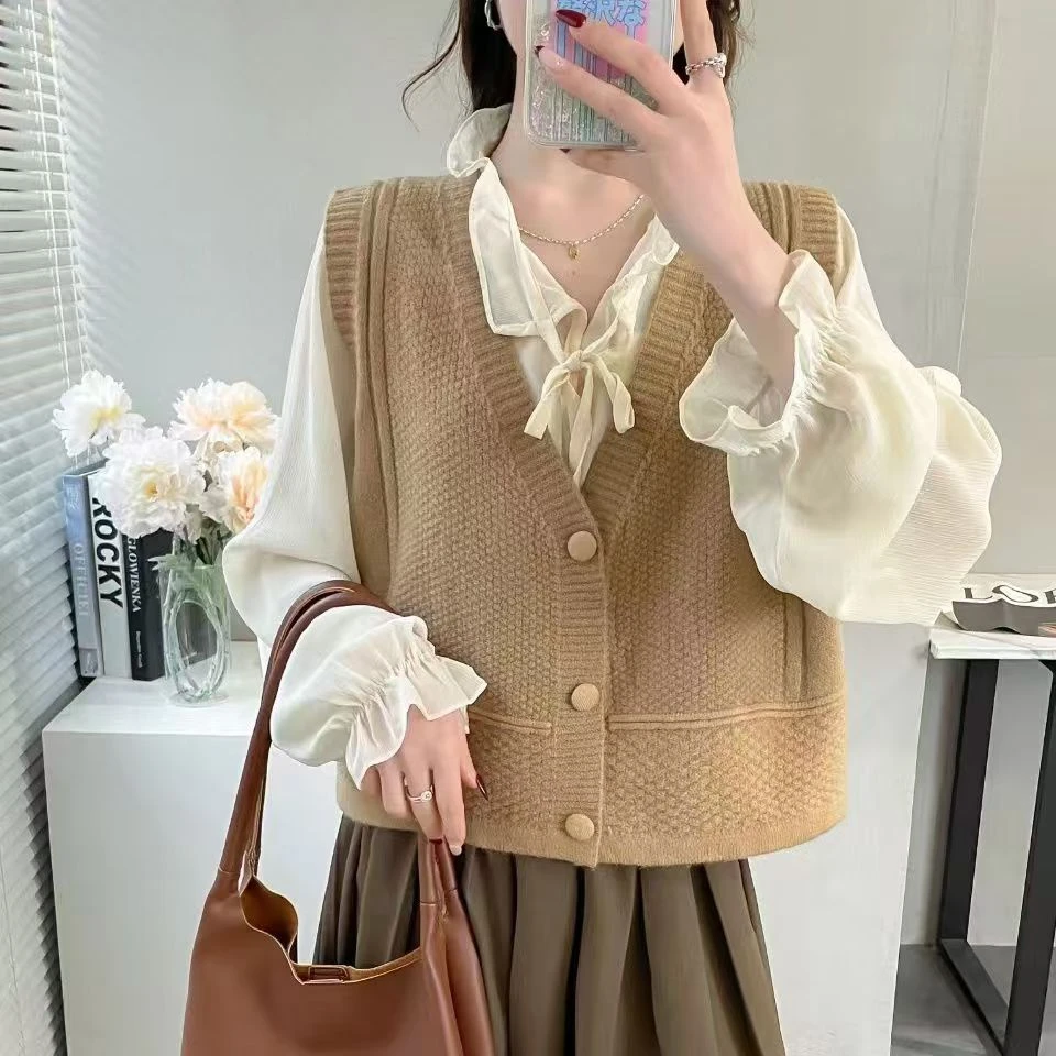 针织马夹女短款宽松简约叠穿百搭时尚V领开衫毛衣背心马甲女