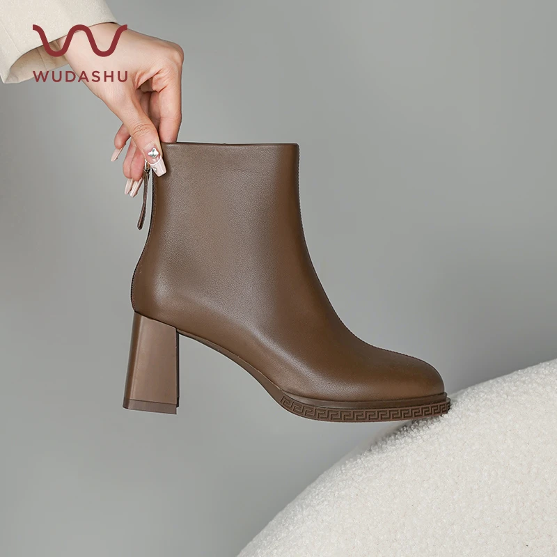 吴大叔秋冬季新款圆头粗跟真皮时装靴厚底增高短靴女高跟20-215