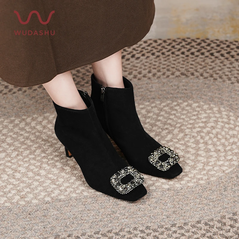 吴大叔新款黑色细跟时尚气质百搭法式短靴高跟尖头秋冬粗跟裸靴