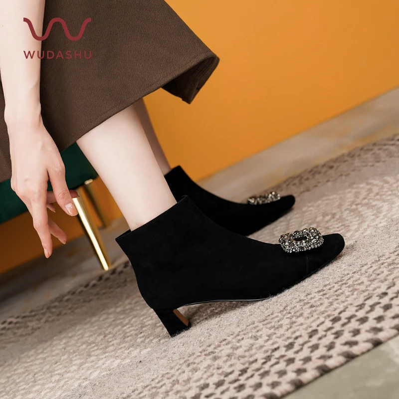 吴大叔新款时尚百搭粗跟短靴高跟瘦瘦靴方头弹力中跟13-390法式