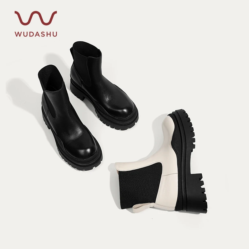穿高跟鞋的吴大叔秋冬季新款圆头厚底切尔西靴108-527