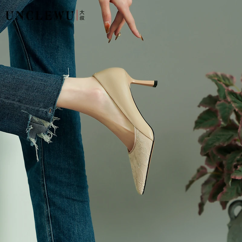 【潘文青补贴】法式蕾丝淑女拼色高跟尖头一脚蹬细跟高跟鞋女鞋