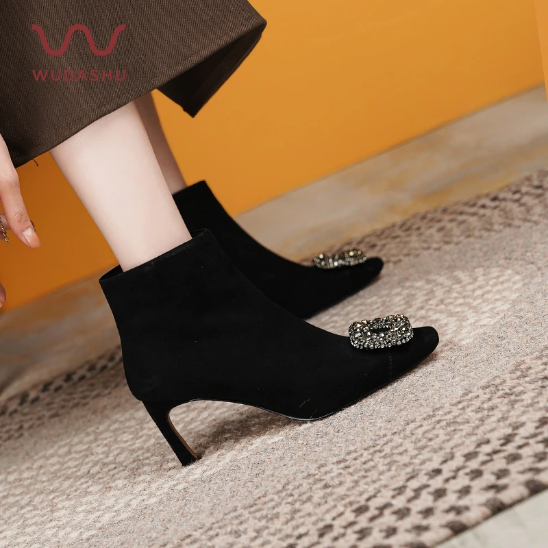 吴大叔新款黑色时尚气质百搭法式短靴高跟尖头秋冬粗跟裸13-390S