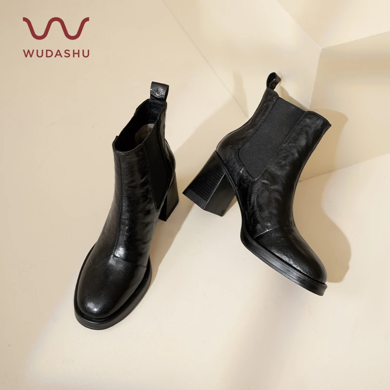 吴大叔新款英伦风厚底静音橡胶底靴子时尚百搭黑色真皮气质短靴