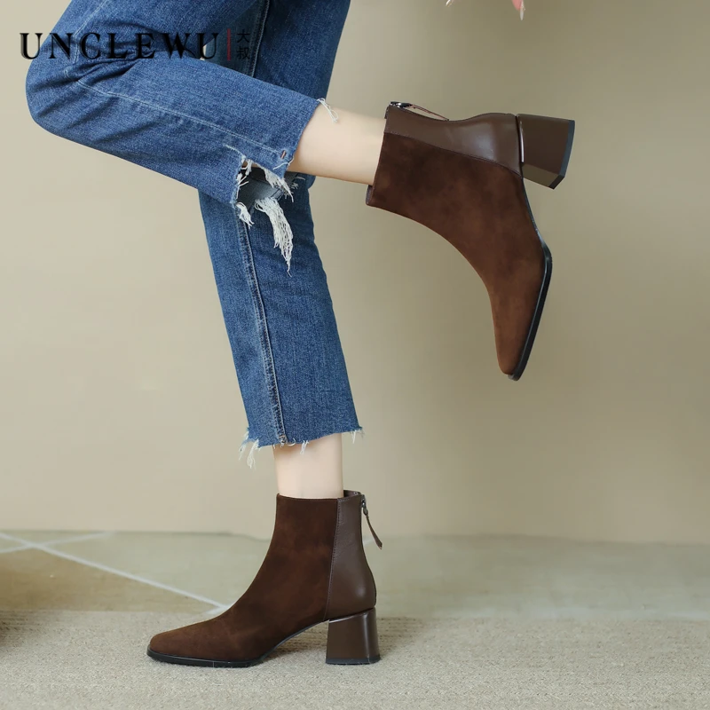 吴大叔新款粗跟真皮短靴气质高跟显瘦百搭方头短筒靴