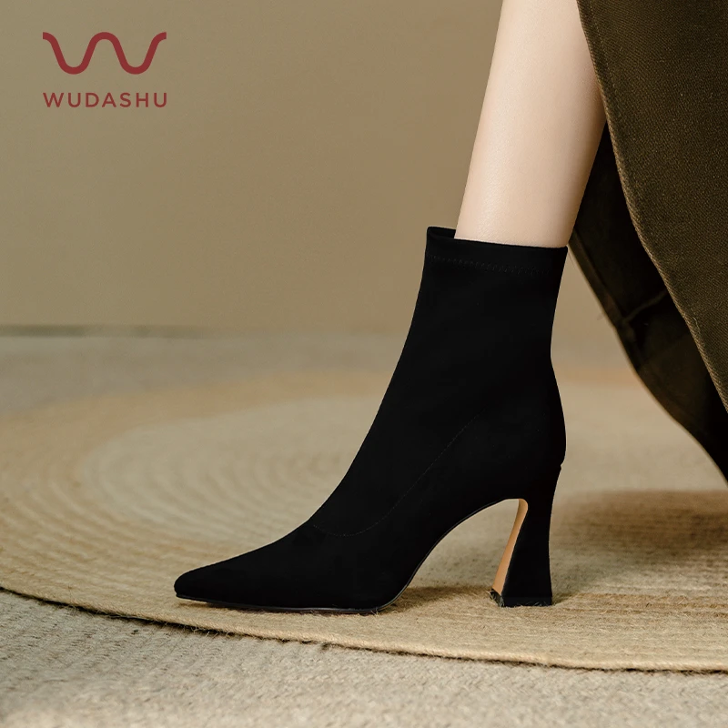 吴大叔新款高跟瘦瘦靴显瘦时尚百搭黑色法式尖头弹力短靴82-002H