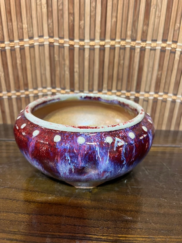 石湾古龙窑柴烧变釉盆：16*16*8