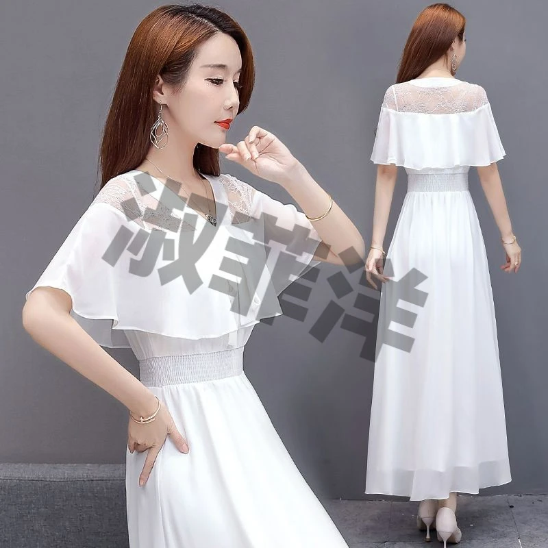 白色雪纺连衣裙长款修身显瘦蕾丝裙子2023新款沙滩裙v领长裙女夏